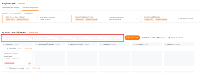 Painel de filtros do Kanban por período, status e usuários