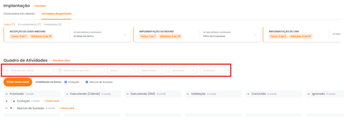 Barra de filtros do Kanban com o campo Procurar por nome