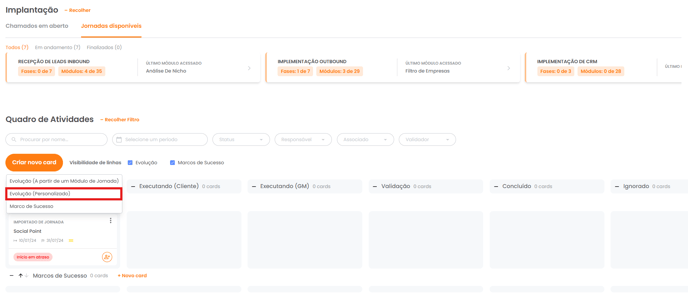 Menu Criar novo card com a opção Evolução (Personalizado)