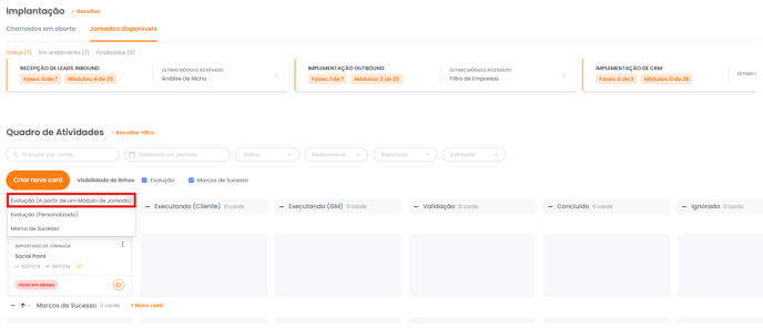 Menu Criar novo card com a opção A partir de um Módulo de Jornada