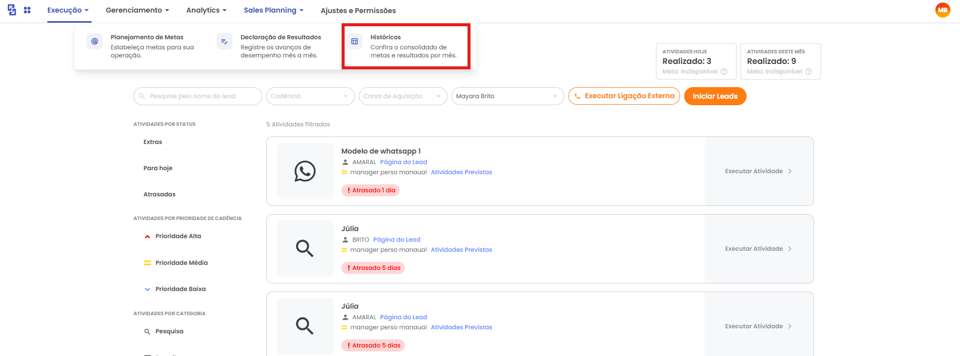 Página de Histórico de Metas e Resultados aberta em Sales Planning