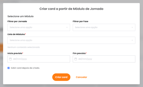 Formulário de importação de módulo de jornada com filtros Jornada e Fase