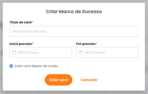Formulário de criação de card de Marco de Sucesso