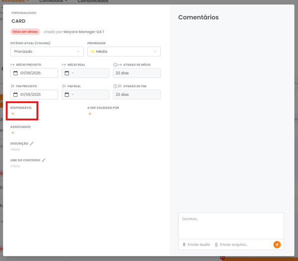 Campo Responsável do card com o ícone de adicionar