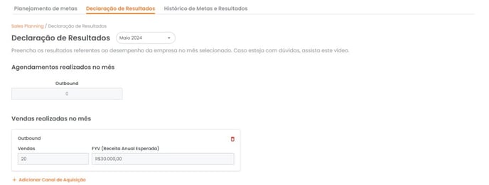 Edição dos canais de aquisição na declaração de resultados