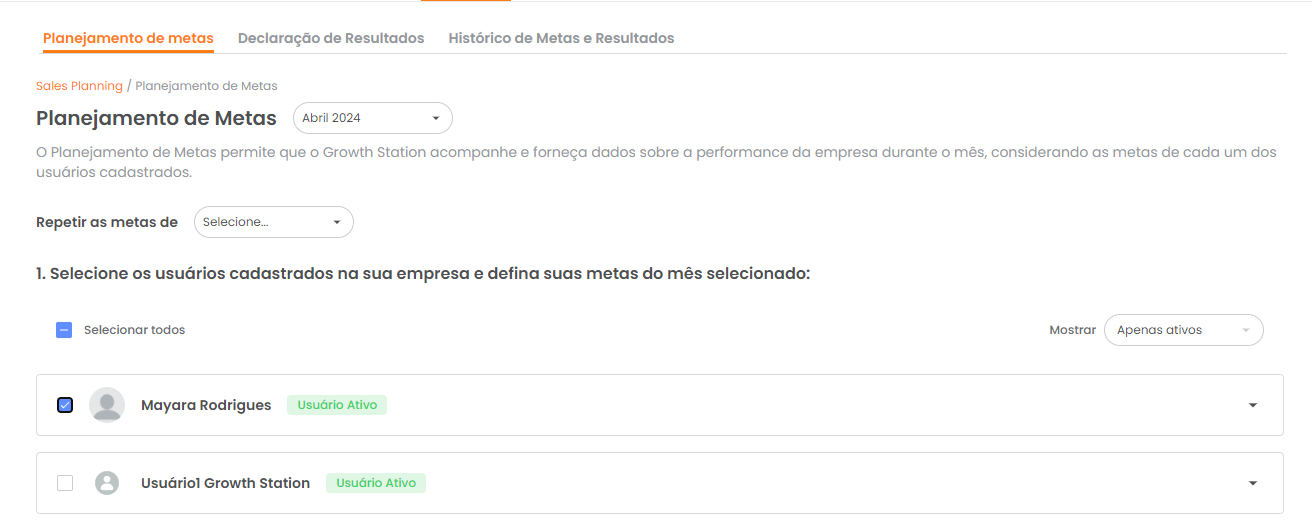 Seleção de usuários para o planejamento de metas
