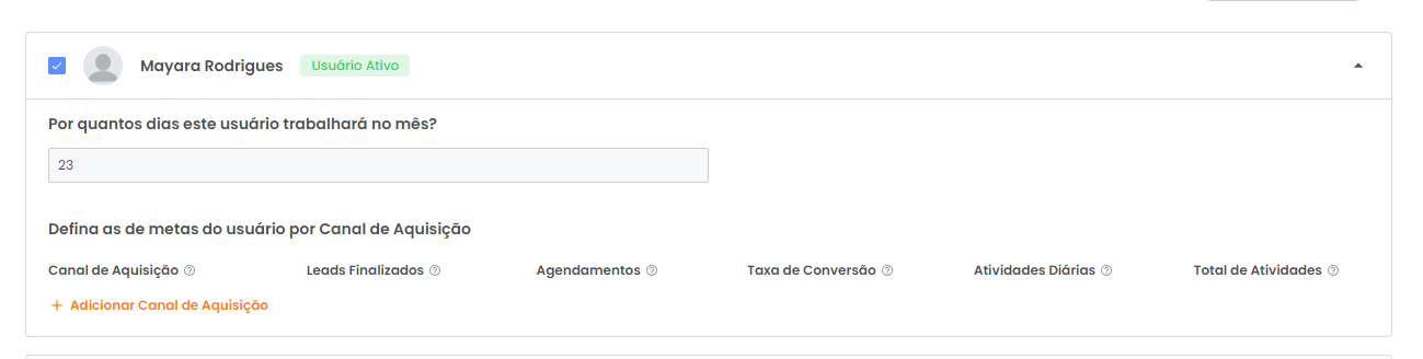 Menu de planejamento aberto ao clicar no nome do usuário