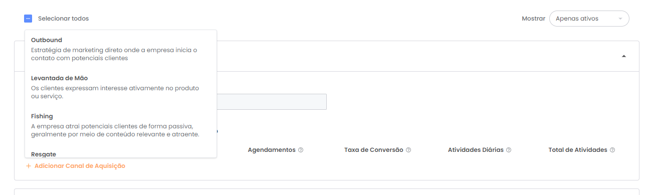 Botão +Adicionar Canal de Aquisição no menu do usuário