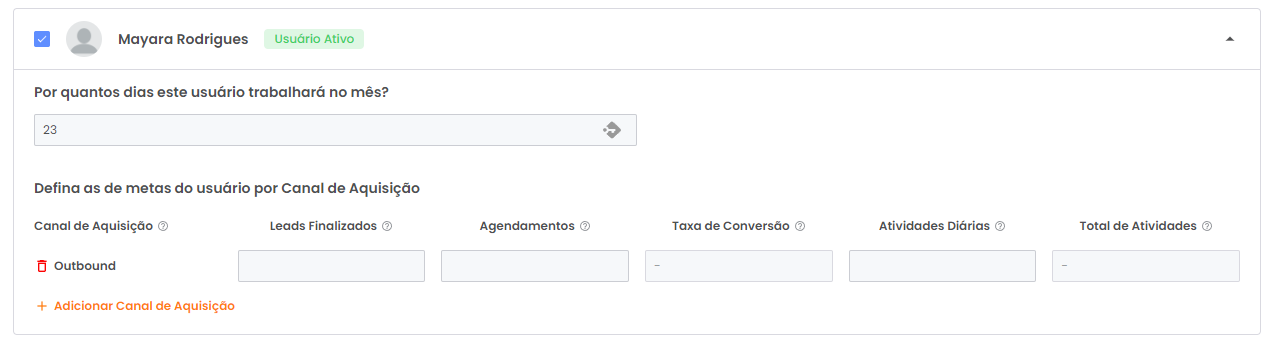 Campos de Leads Finalizados, Agendamentos e Atividades Diárias do canal