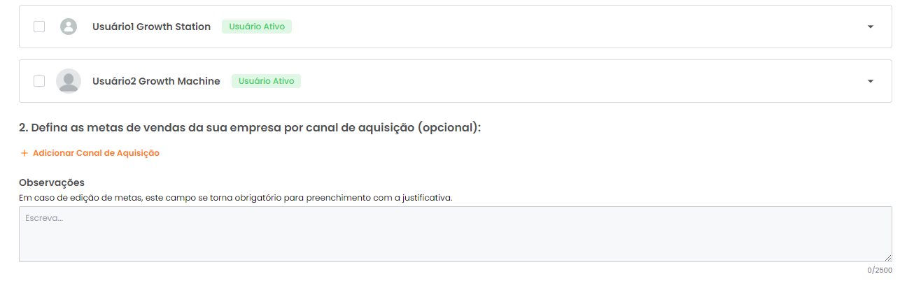 Adição de canal de aquisição para as metas de vendas