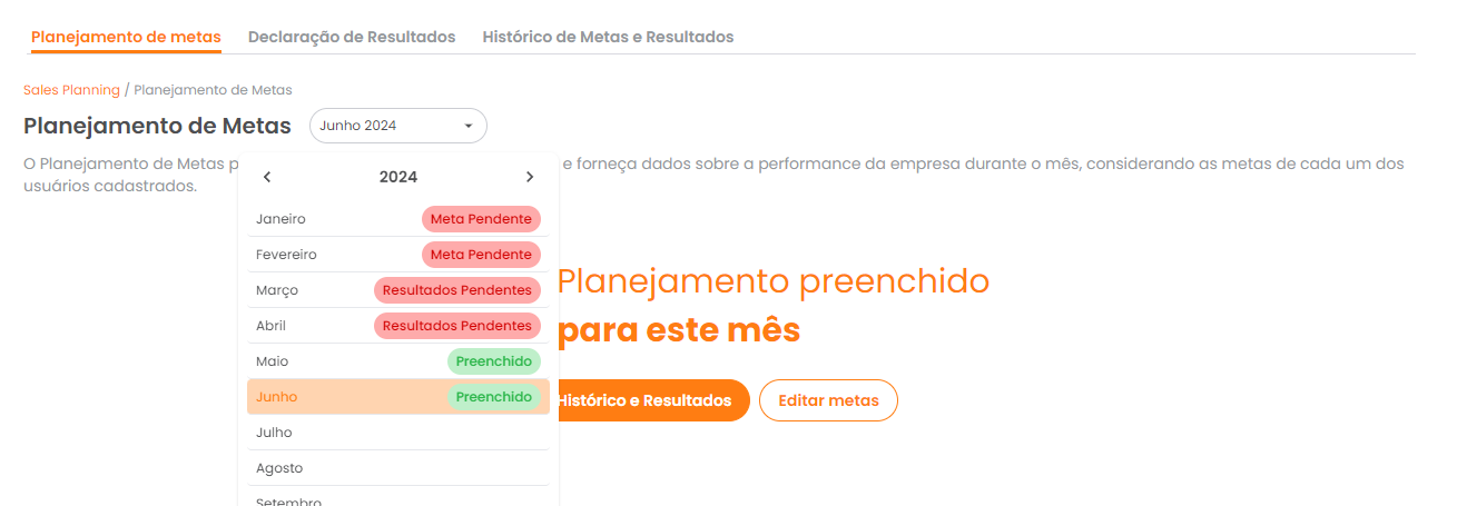 Filtro de mês na página de Planejamento de Metas