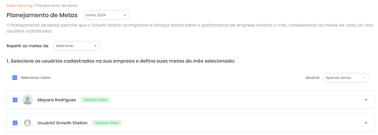 Edição de usuários, canais e metas do planejamento
