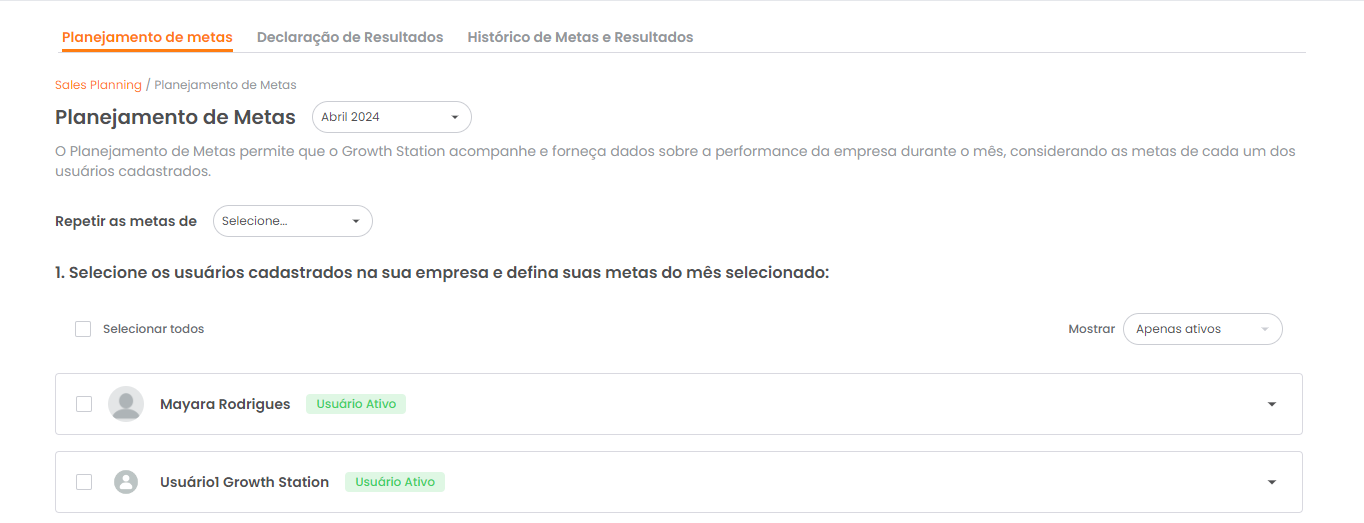 Seleção do mês na página de Planejamento de Metas