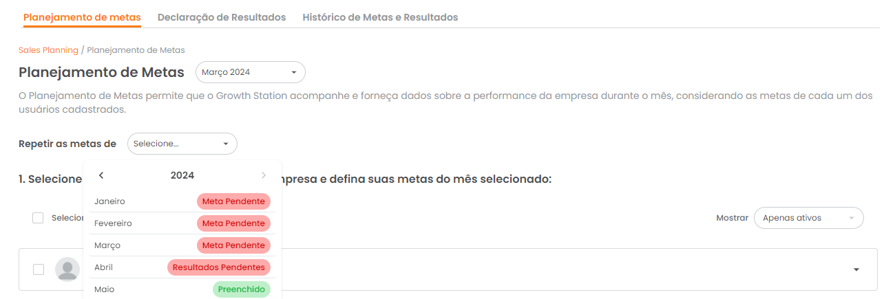 Menu Repetir as metas de com a lista de meses