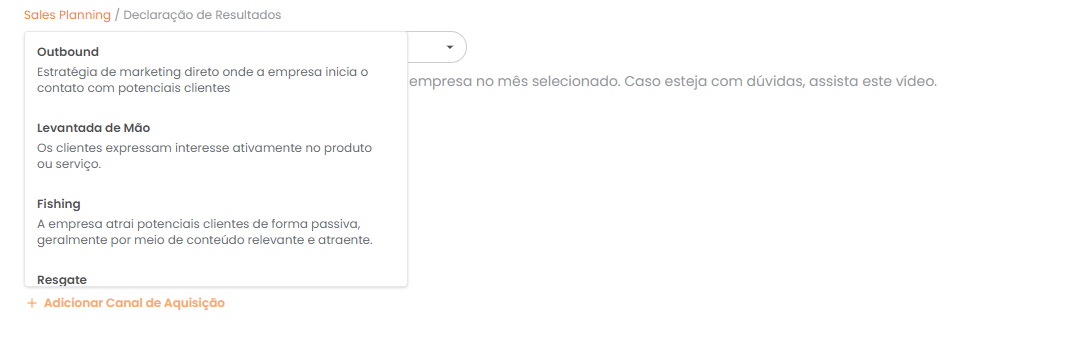 Botão para adicionar um canal de aquisição à declaração