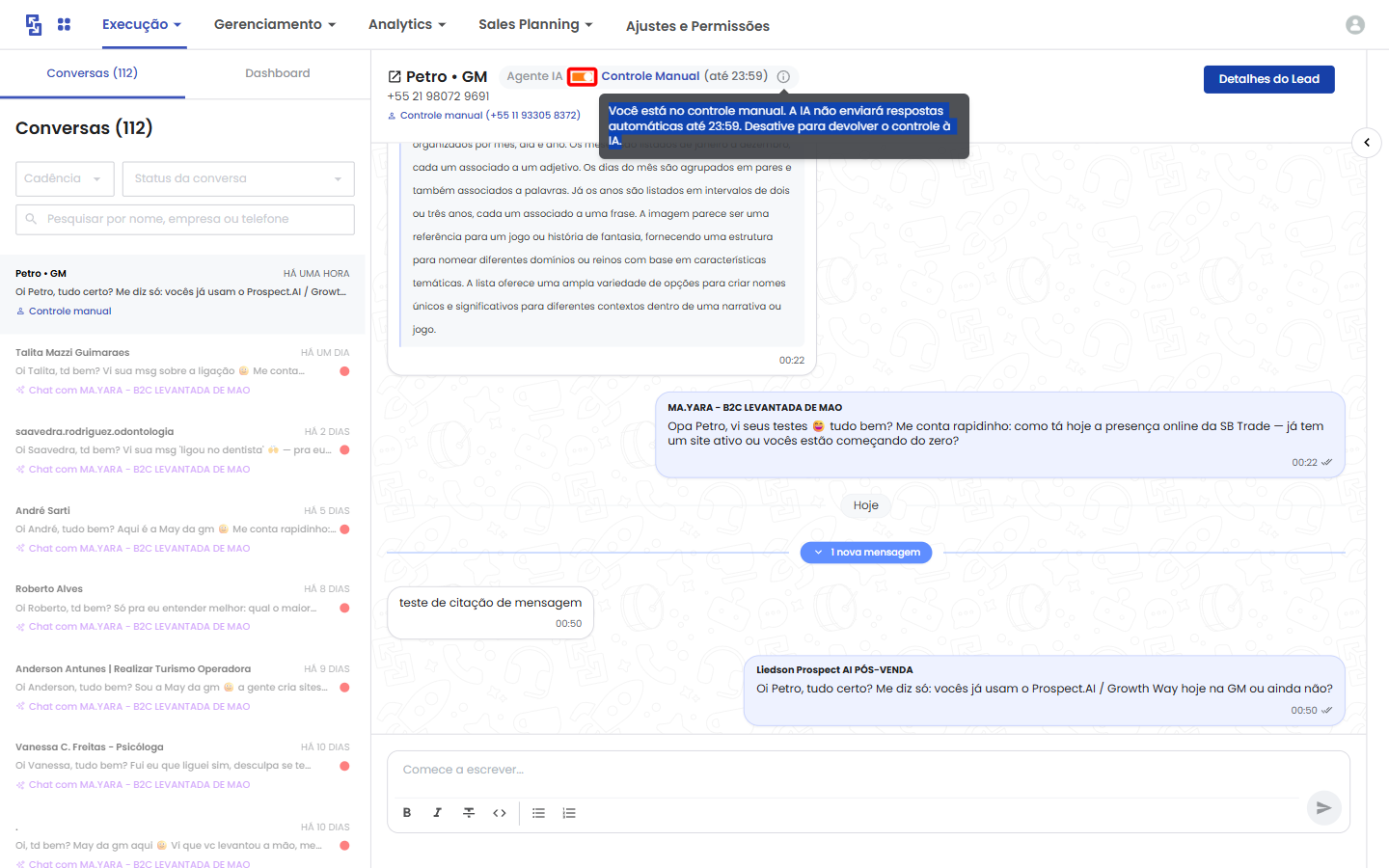 Controle Manual (até 23:59) no chat do lead