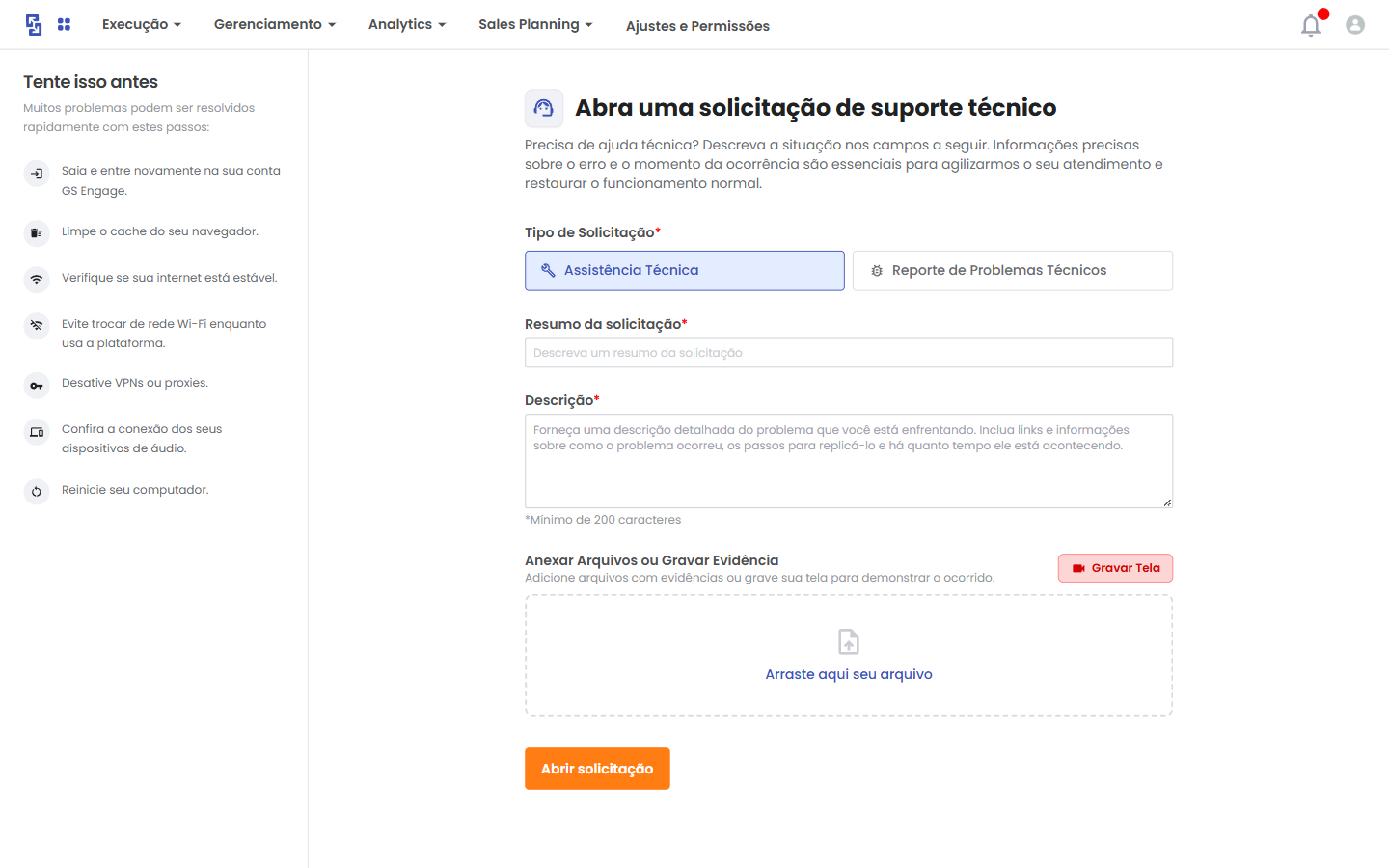 Tela do novo formulário de suporte com orientações, campos obrigatórios e envio de evidências