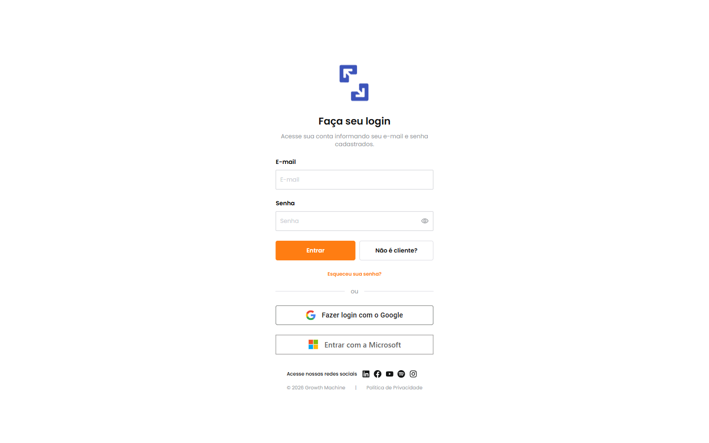 Tela de login com opções de acesso via Google e Microsoft