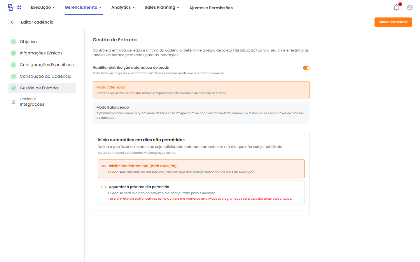 Configuração de início automático em dias não permitidos na Gestão de Entrada