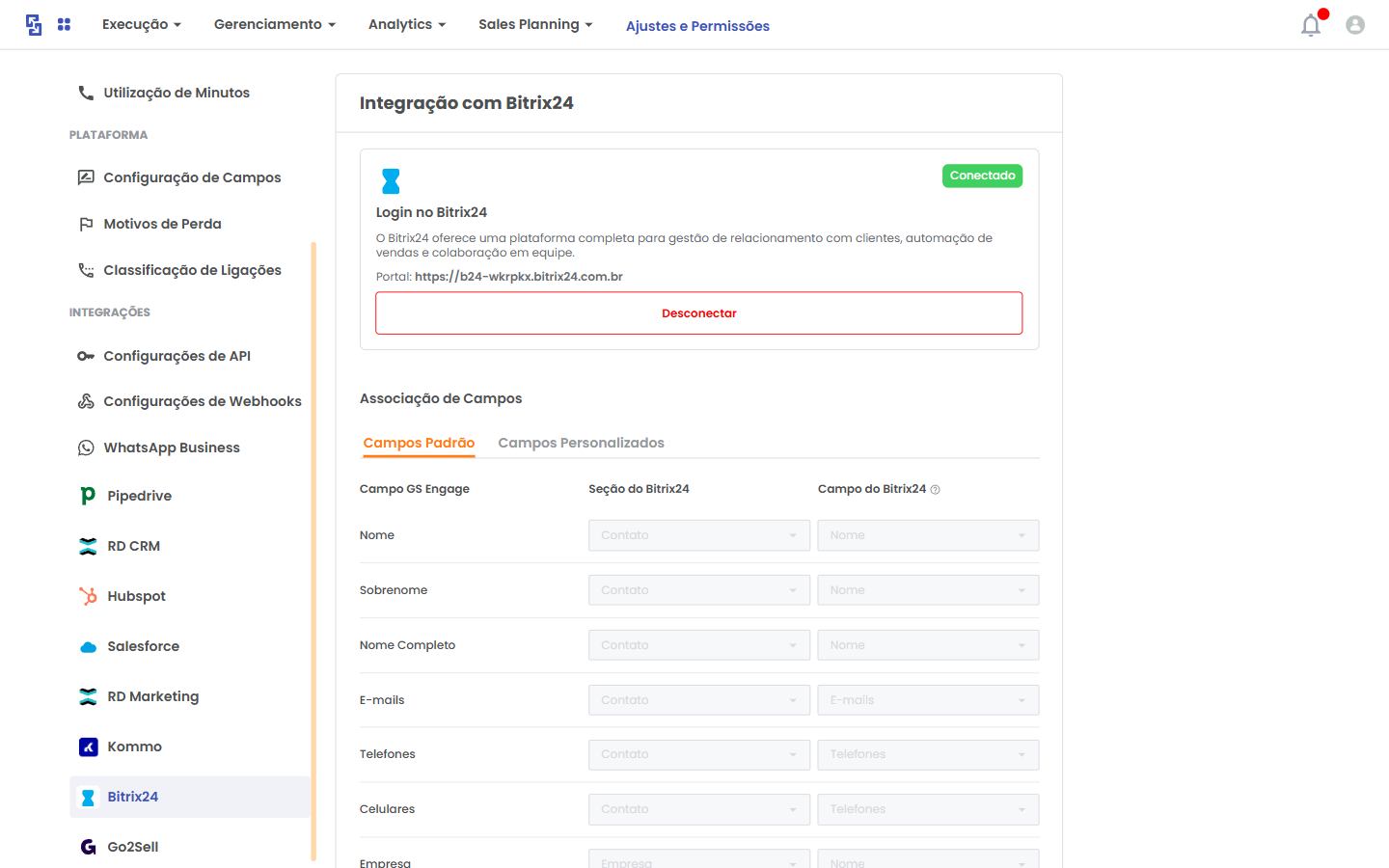 Tela da integração com Bitrix24 CRM