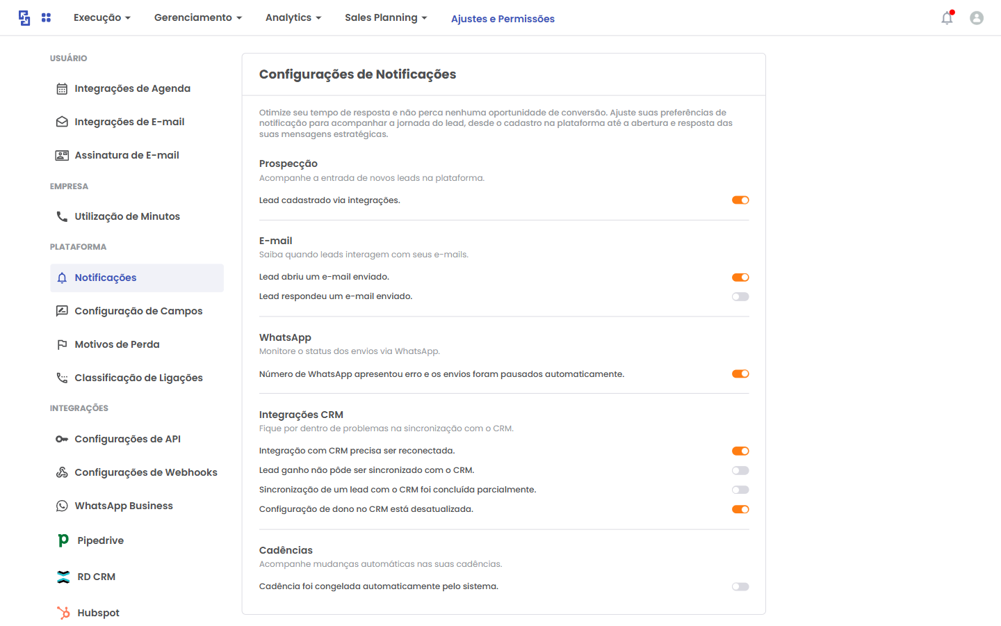 Tela de configurações de notificações