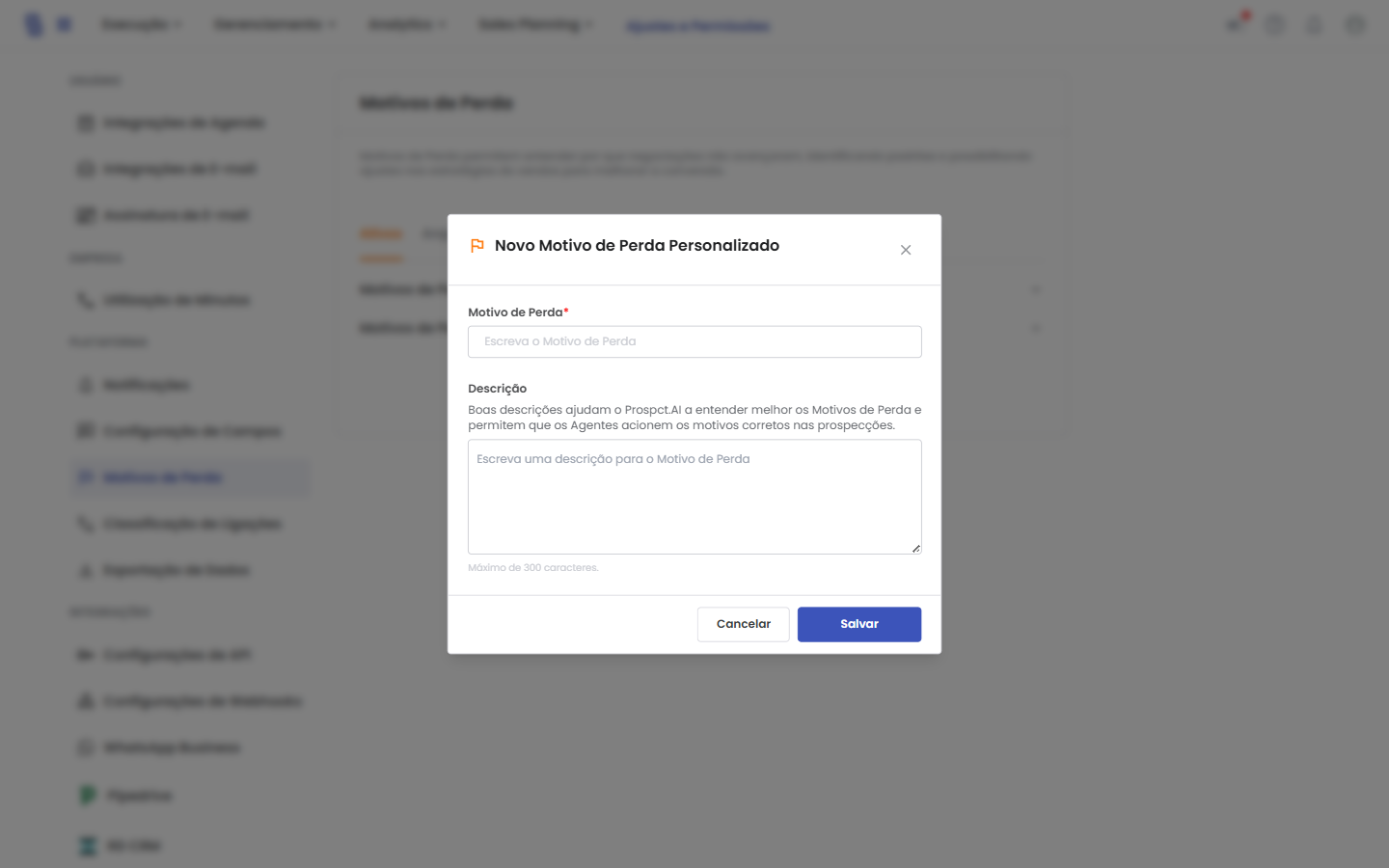 Modal padronizado para criar um motivo de perda personalizado.