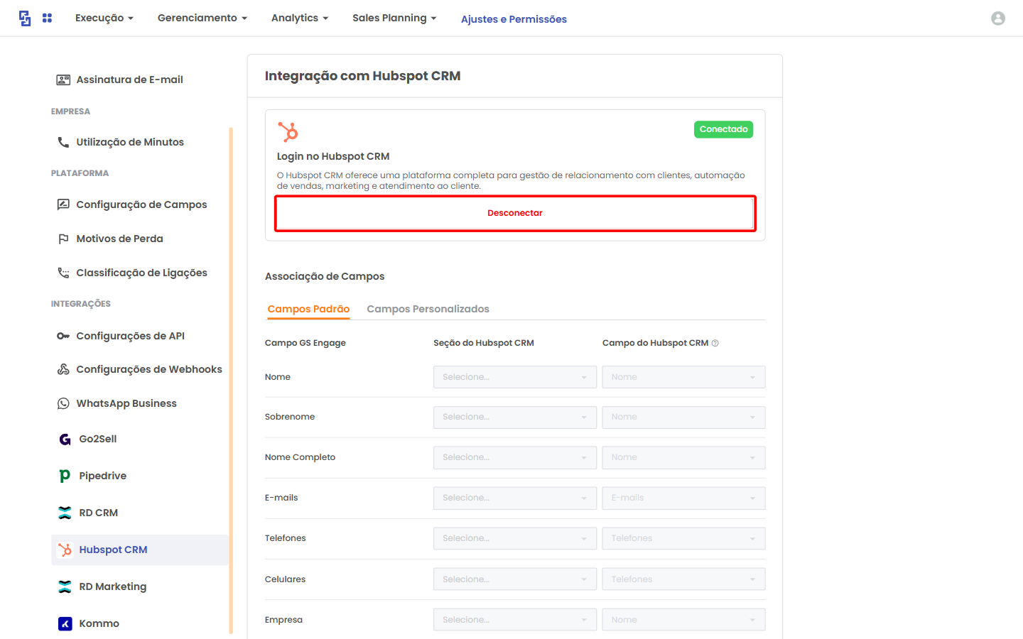 Seção de login e status da integração