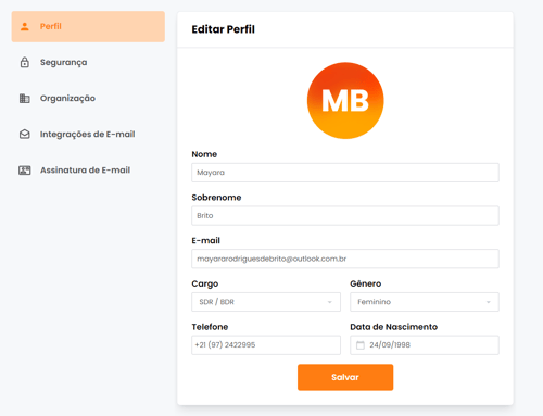 Página de edição das informações do perfil