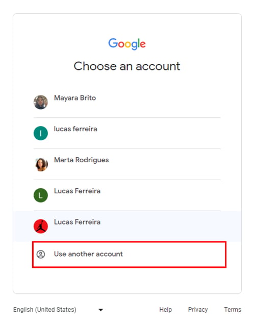 Seletor de contas do Google com a opção "Use another account"