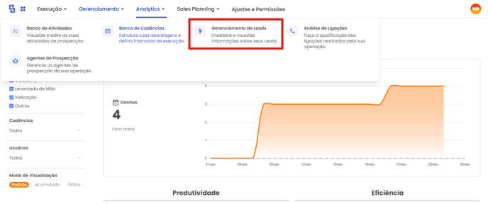 Opção Gerenciamento de Lead no menu Gerenciamento