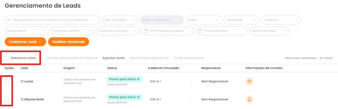 Caixas de seleção de leads no Gerenciamento de Leads
