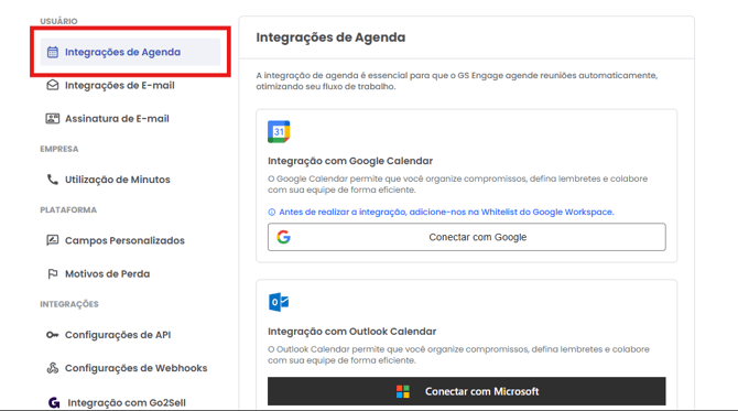 Aba Integrações da Agenda em Ajustes e Permissões