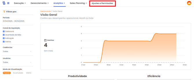 Opção Ajustes e Permissões no menu