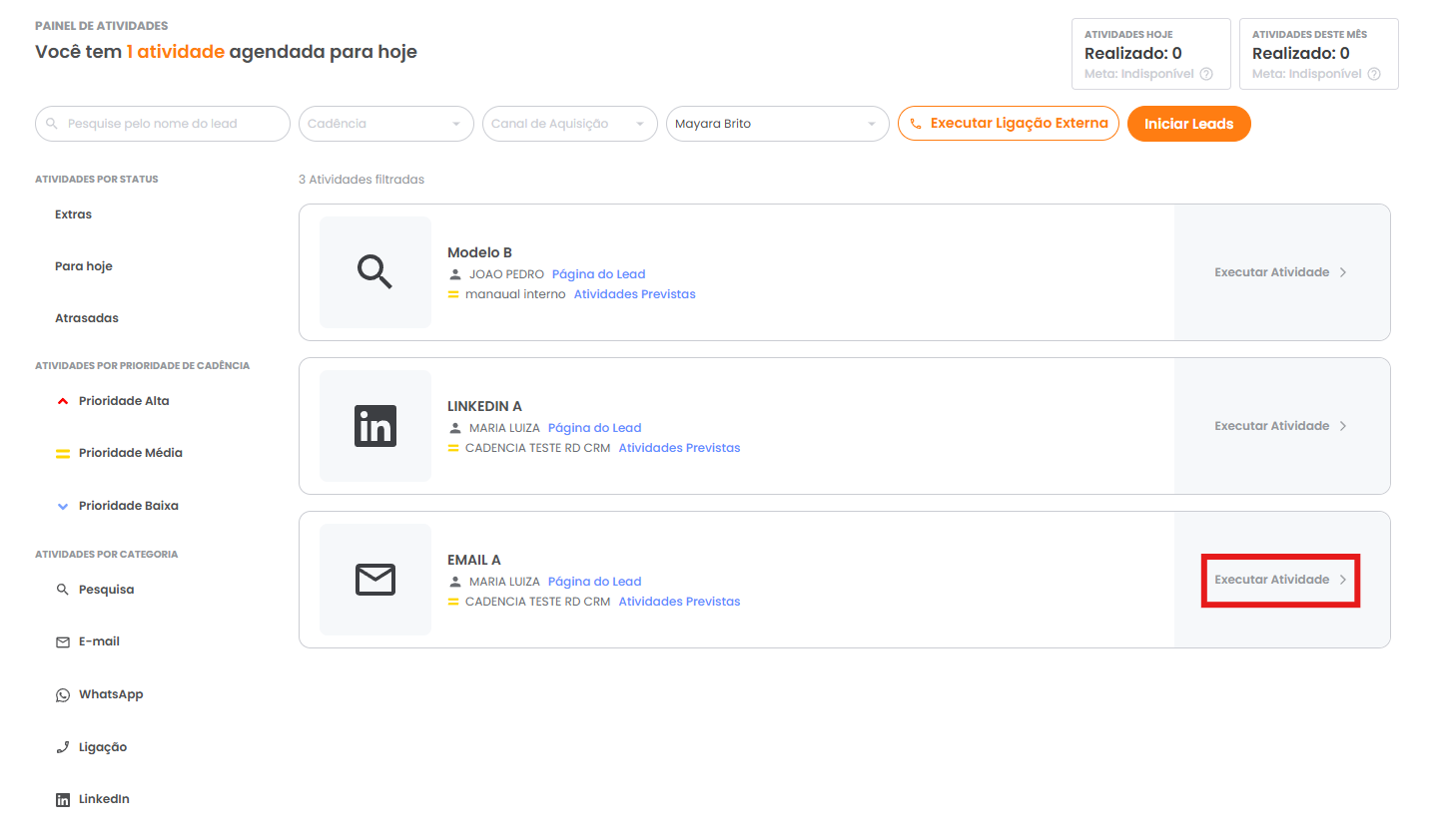 Botão Executar atividade em uma atividade de e-mail