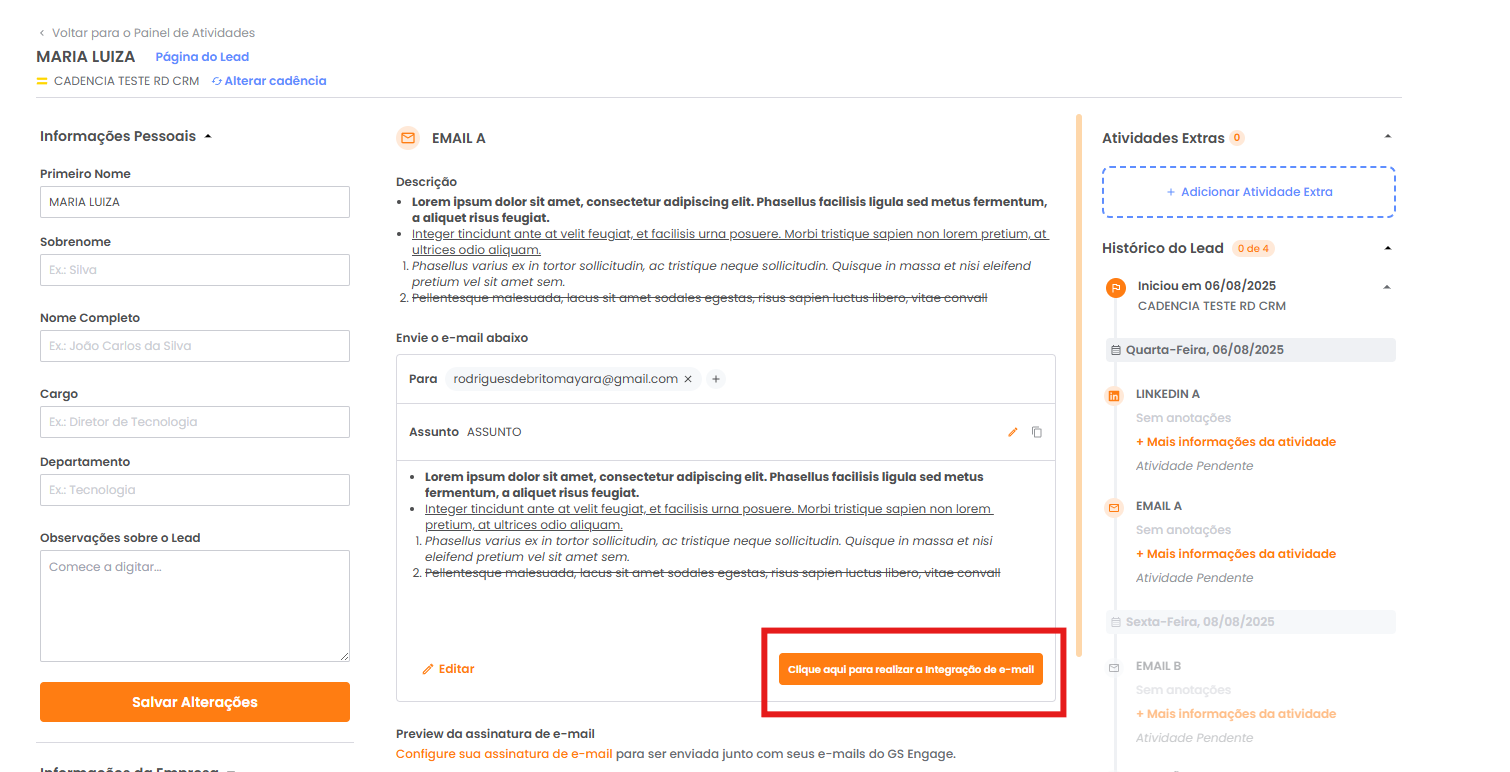 Link para realizar a integração de e-mail dentro da atividade