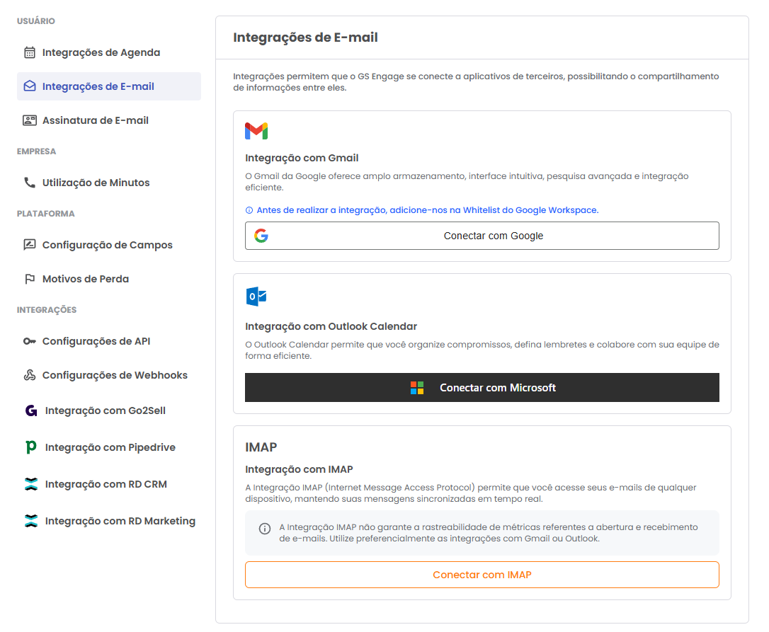 Página de Integrações com os provedores de e-mail disponíveis