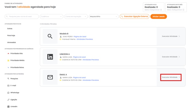 Botão Executar atividade em uma atividade de e-mail
