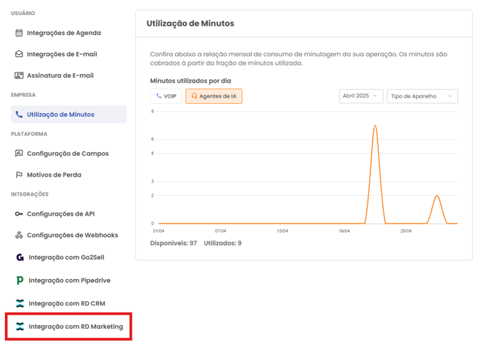 Página de configurações com a opção Integração com RD Marketing