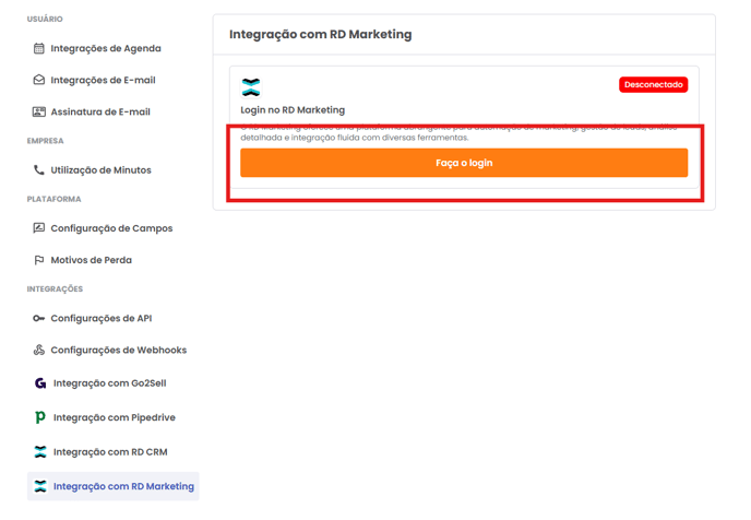 Botão Faça o login na configuração da integração com o RD Marketing
