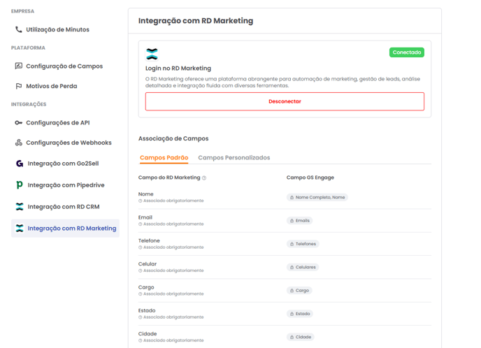 Mapeamento de campos do GS Engage com o RD Marketing e botão Salvar Alterações