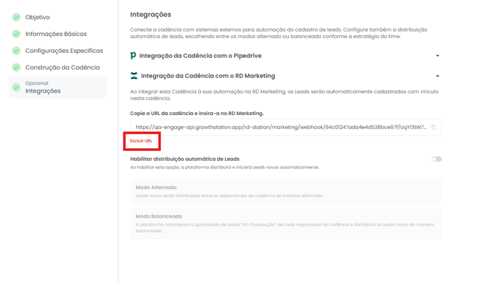 Atalho Excluir URL na integração da cadência com o RD Marketing
