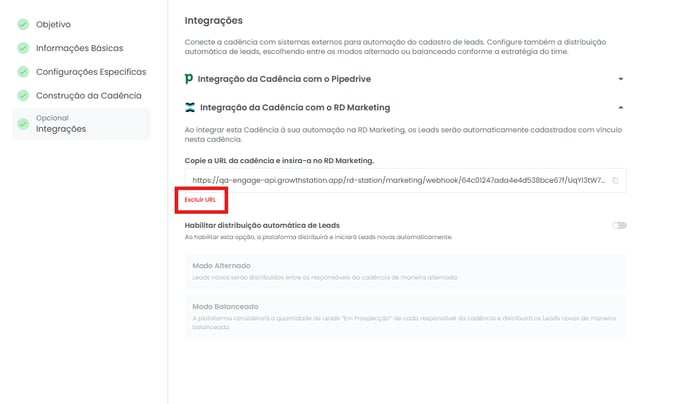 Seção Integração da Cadência com RD Marketing e botão Excluir URL