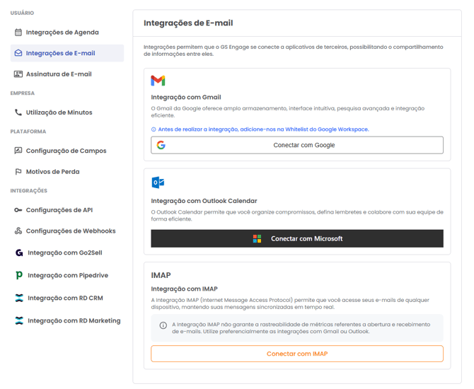 Botões Conectar com Google e Conectar com Microsoft na página de Integrações