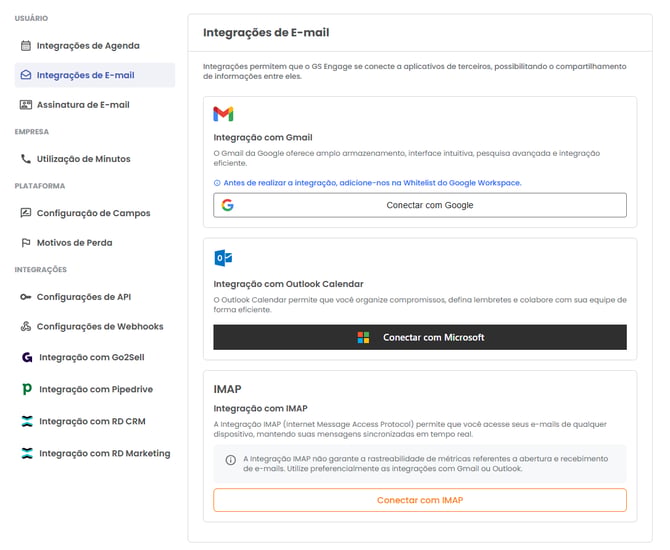 Página Ajustes e Permissões com os provedores de e-mail suportados