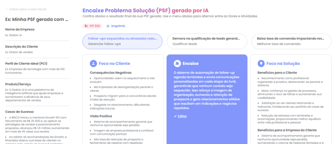 Tela final com o encaixe Problema-Solução gerado por dor no modelo B2B