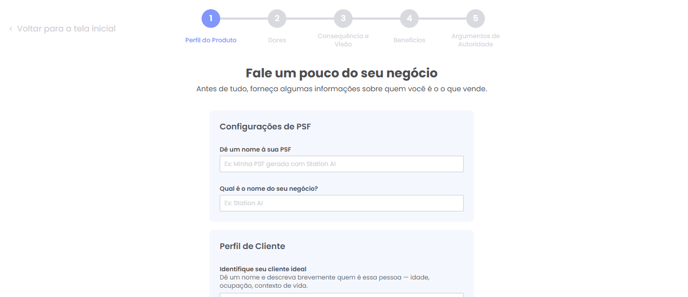 Formulário do Perfil do Produto na criação do PSF B2C