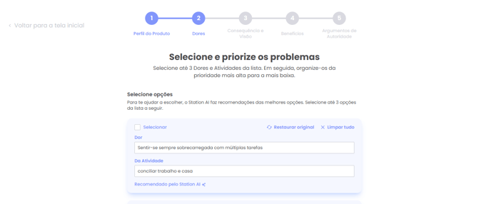 Lista de 10 dores geradas com recomendação de 3 na etapa Dores do B2C