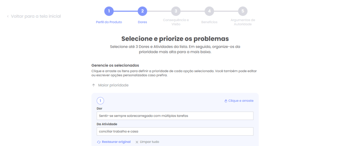 Ordenação e edição das dores selecionadas por prioridade no B2C