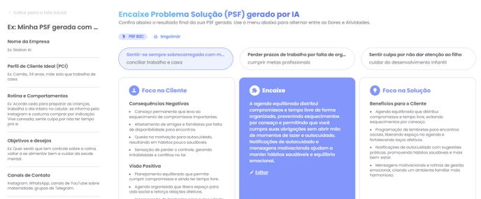 Tela final com o encaixe Problema-Solução gerado por dor no modelo B2C