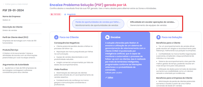 Navegação entre as dores e o encaixe associado a cada uma